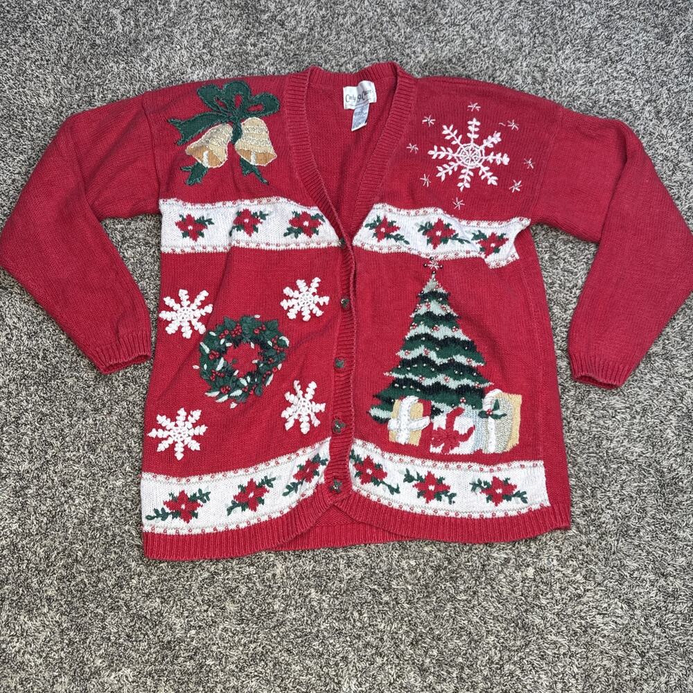 Vintage Women’s Carly St. Claire Red Christmas Knitted Button‎ Up Sweater Size M